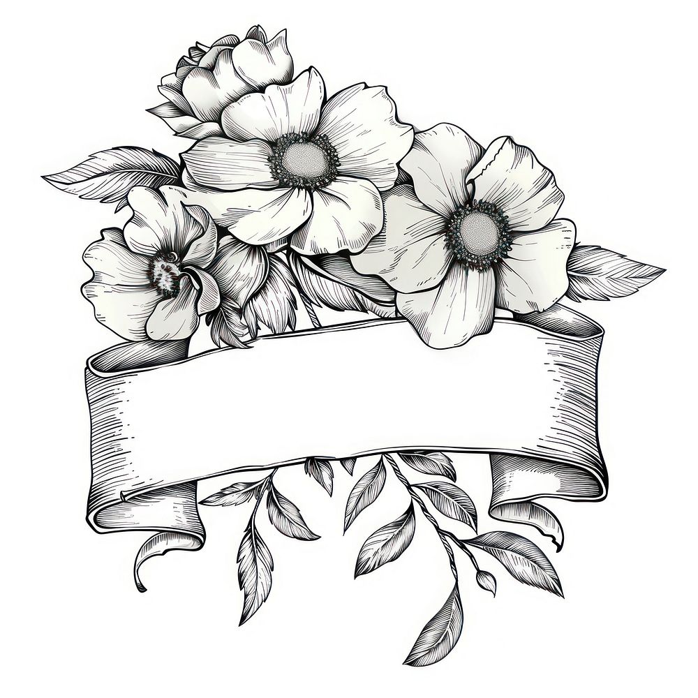 Ribbon with flowers drawing sketch white.