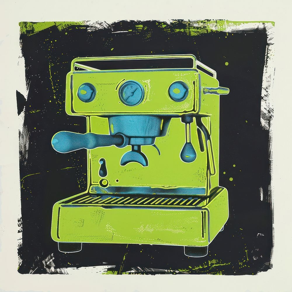 Silkscreen of a Coffee machine green art coffeemaker.