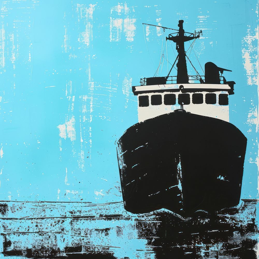 Silkscreen of a Cargo ship architecture watercraft painting.