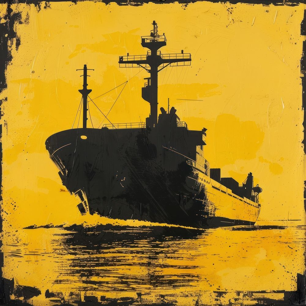 Silkscreen of a Cargo ship watercraft silhouette painting.