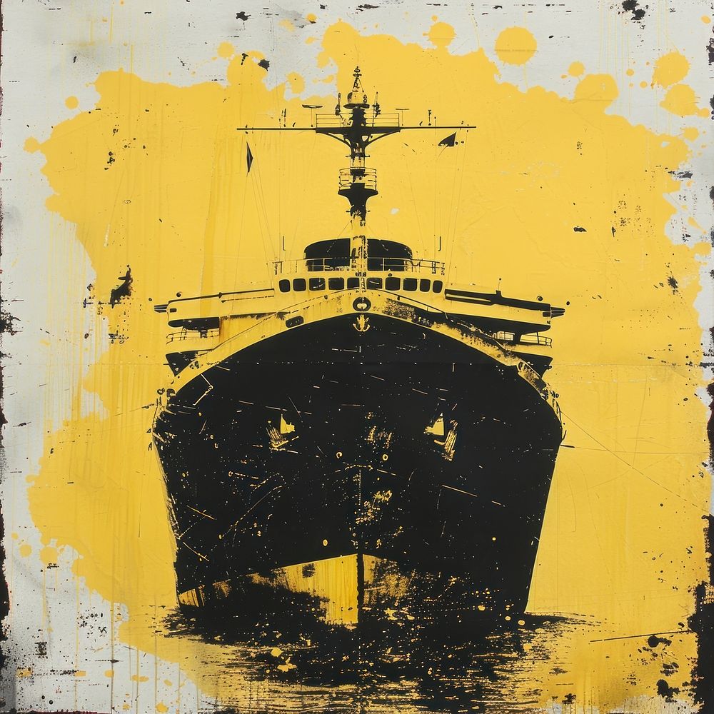 Silkscreen of a Cargo ship architecture textured yellow.
