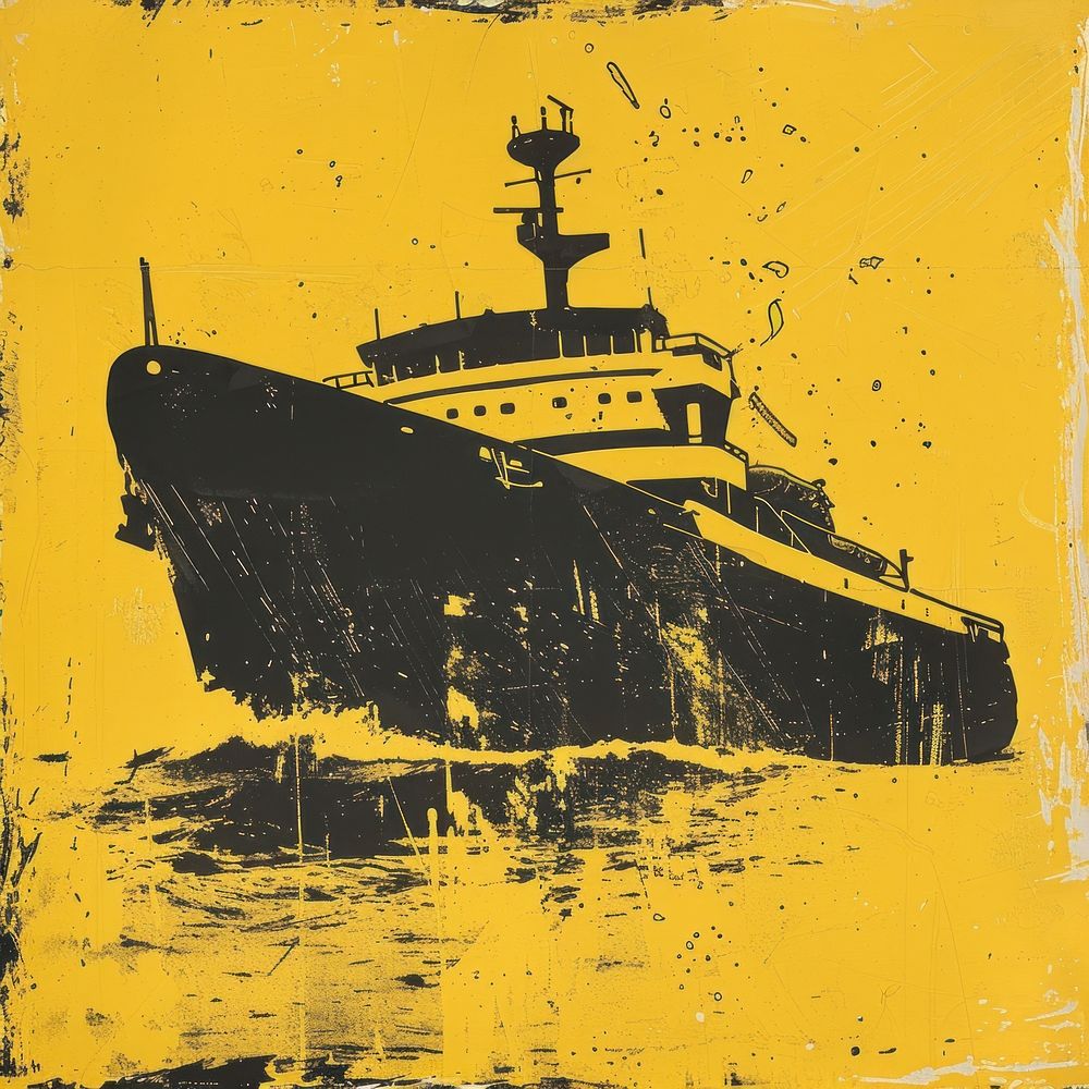 Silkscreen of a Cargo ship vehicle poster yellow.