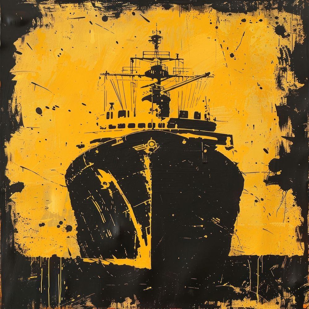 Silkscreen of a Cargo ship painting textured yellow.