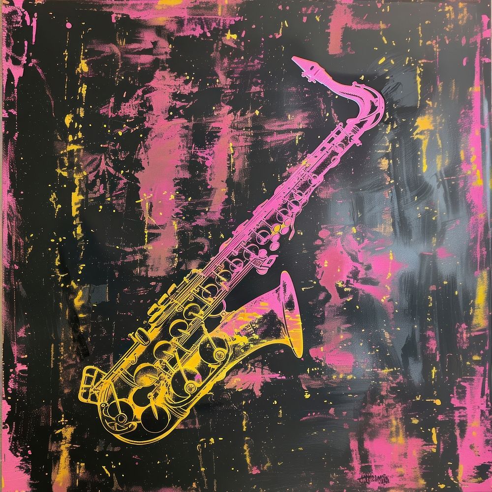 Silkscreen of a Clarinet saxophone purple yellow.