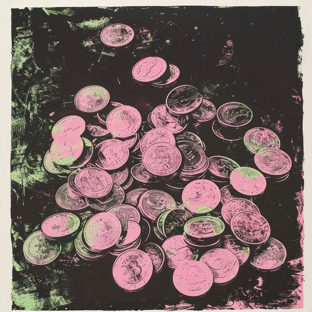 Silkscreen of a Bag of coins backgrounds money green.
