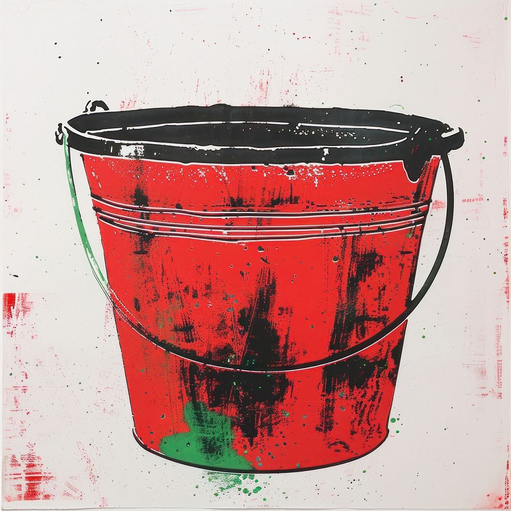 Silkscreen of a Bucket bucket red splattered.