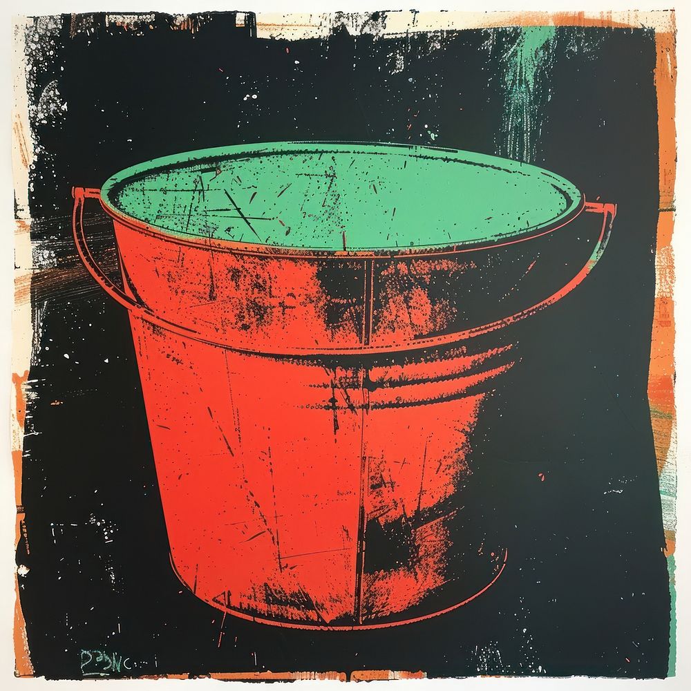 Silkscreen of a Bucket bucket red blackboard.