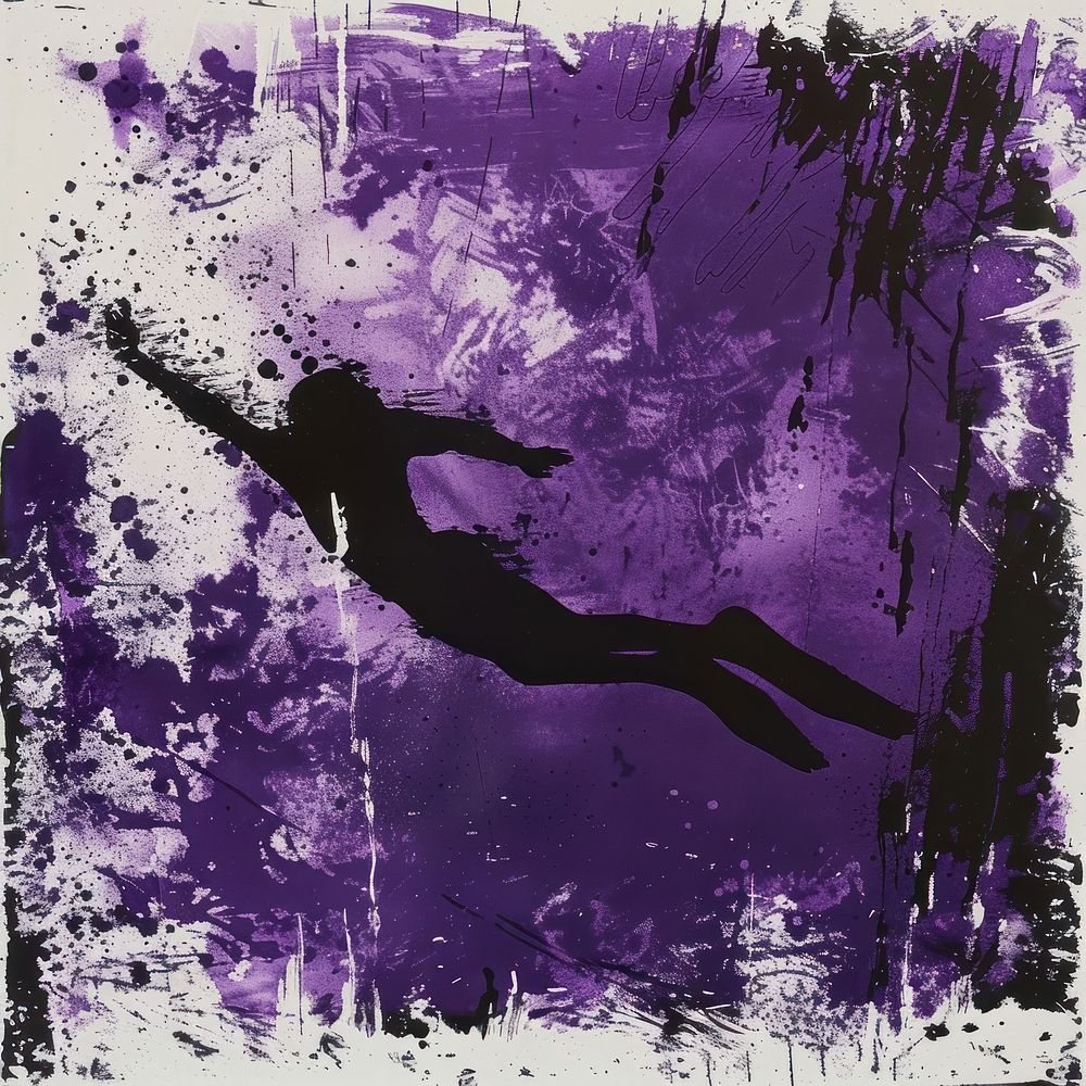 Silkscreen of a Dive purple backgrounds silhouette.