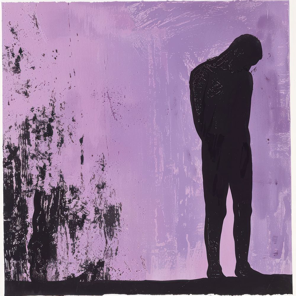 Silkscreen of a Sad people purple silhouette standing.