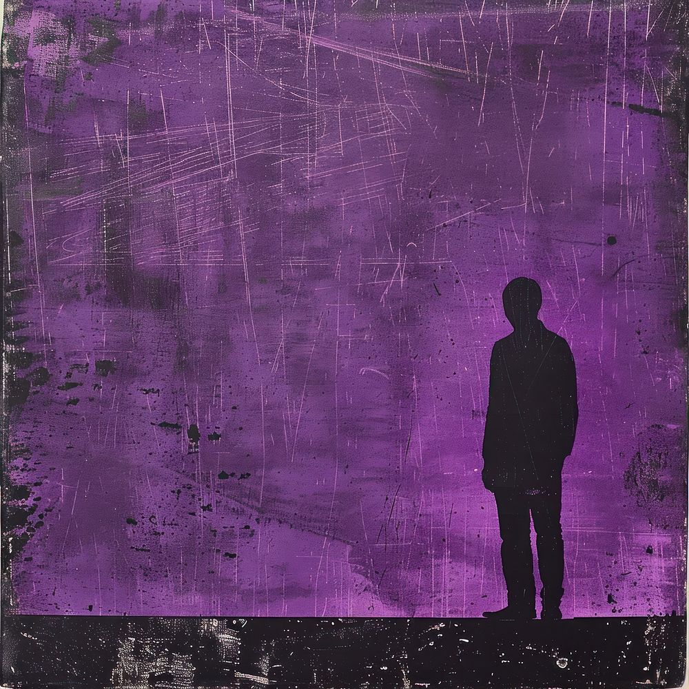 Silkscreen of a Sad people purple backgrounds silhouette.