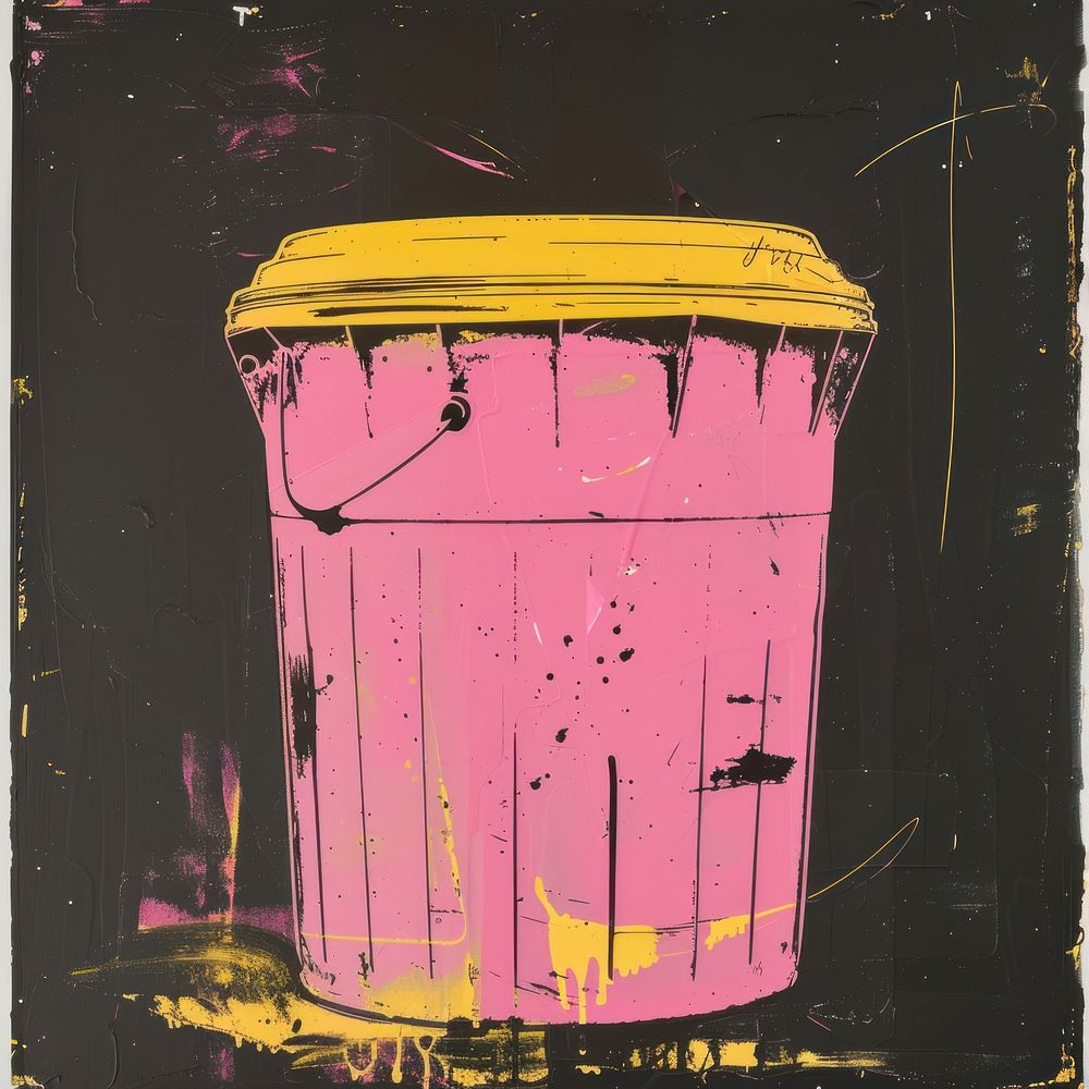 Silkscreen of a Trash can yellow pink architecture.