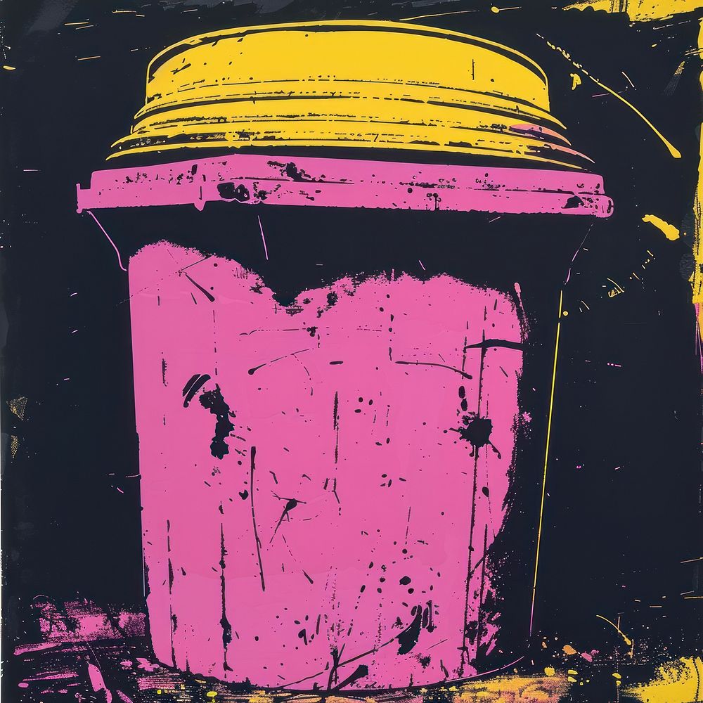 Silkscreen of a Trash can yellow pink container.