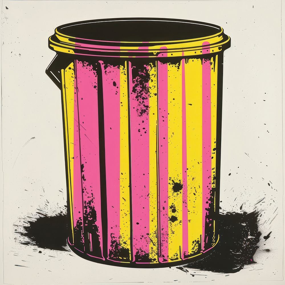 Silkscreen of a Trash can yellow pink creativity.
