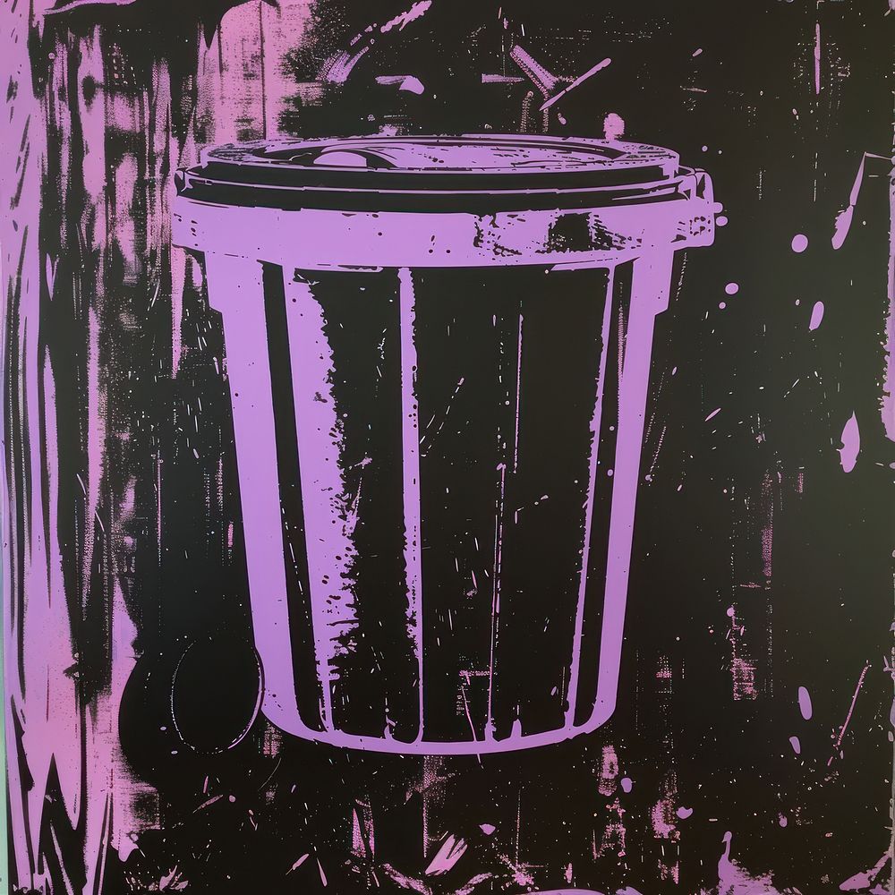 Silkscreen of a Trash can purple bucket creativity.