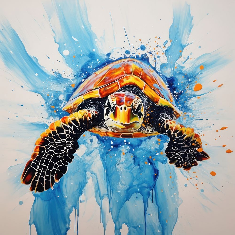 Turtle in acrylic pouring style painting reptile animal.