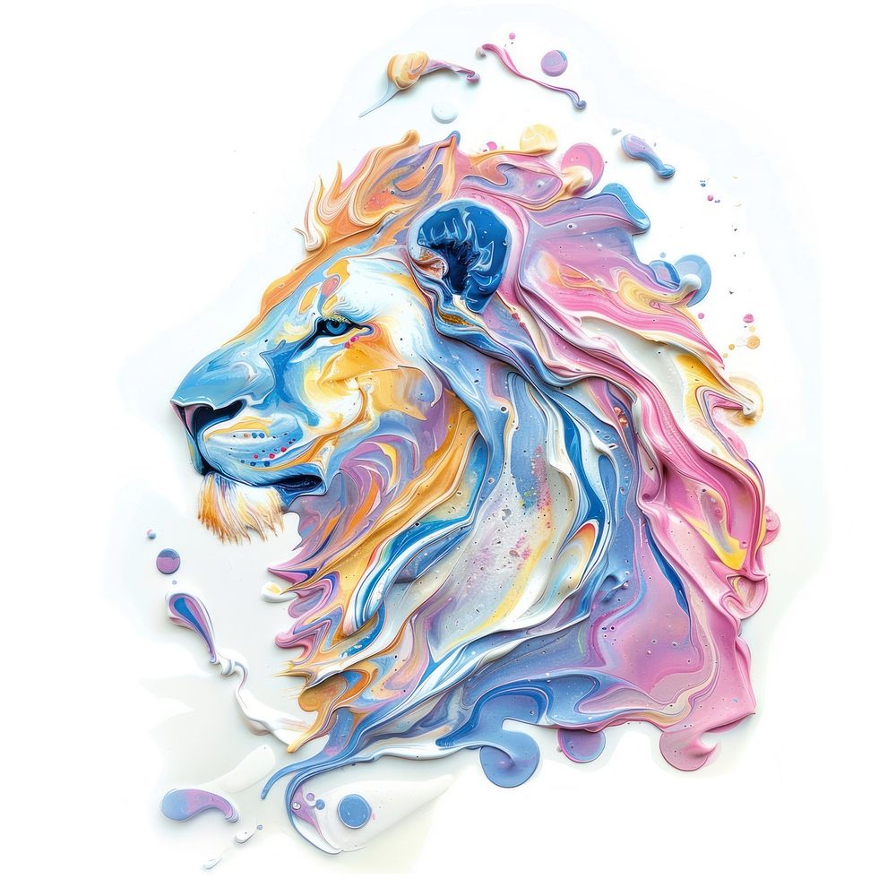 Acrylic pouring lion painting art white background.