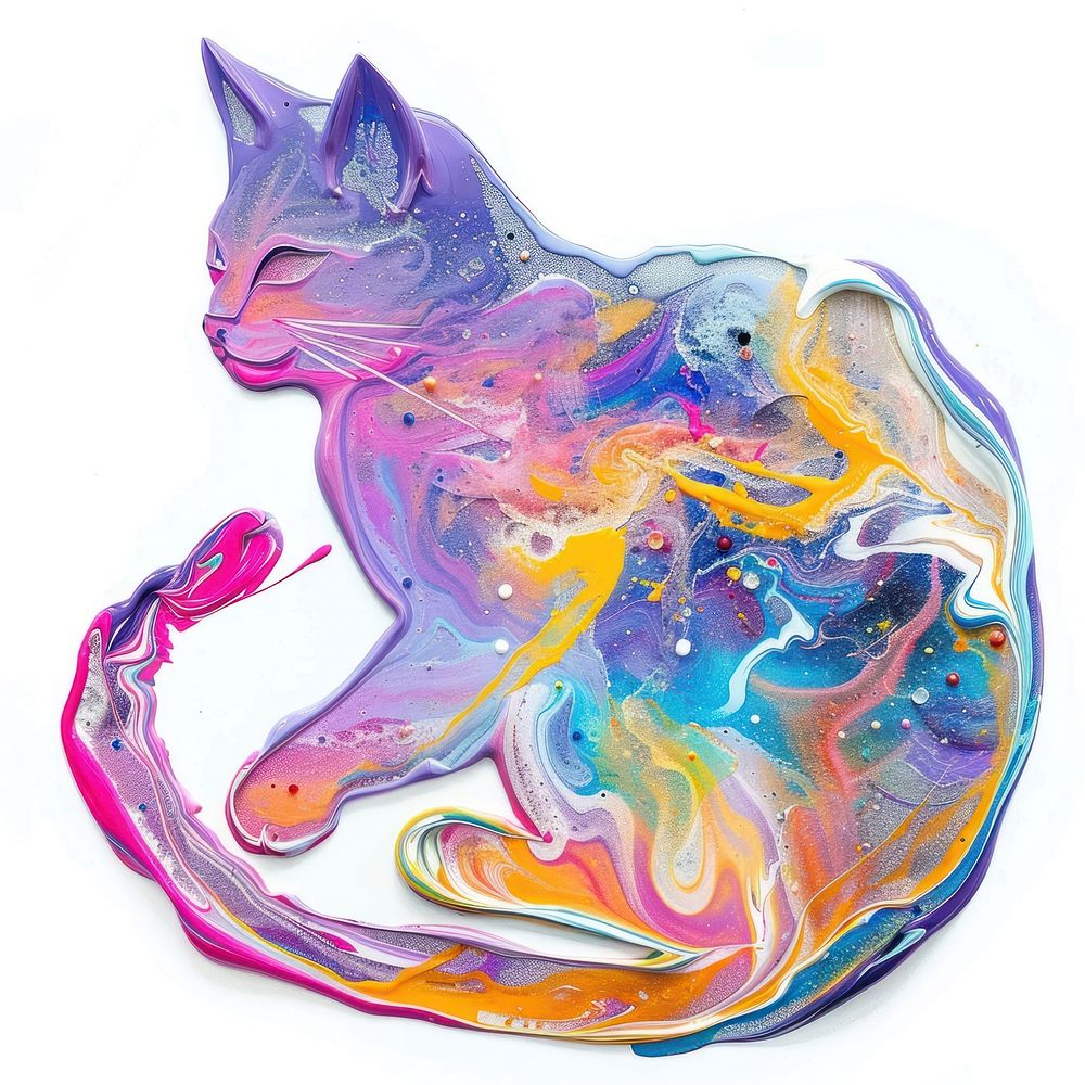 Acrylic pouring paint on cat painting purple shape.