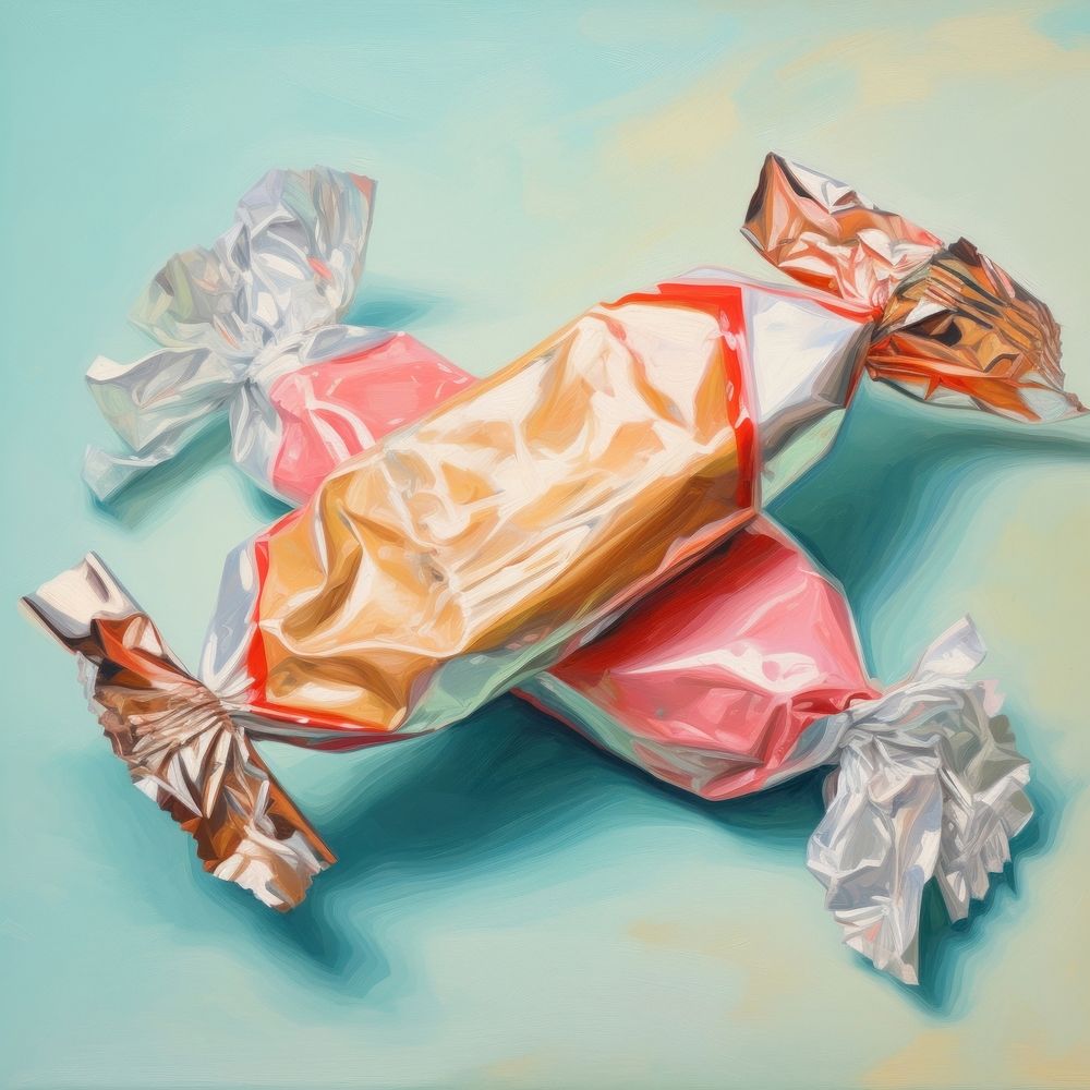 Close up on pale candy with wrapper painting food art.