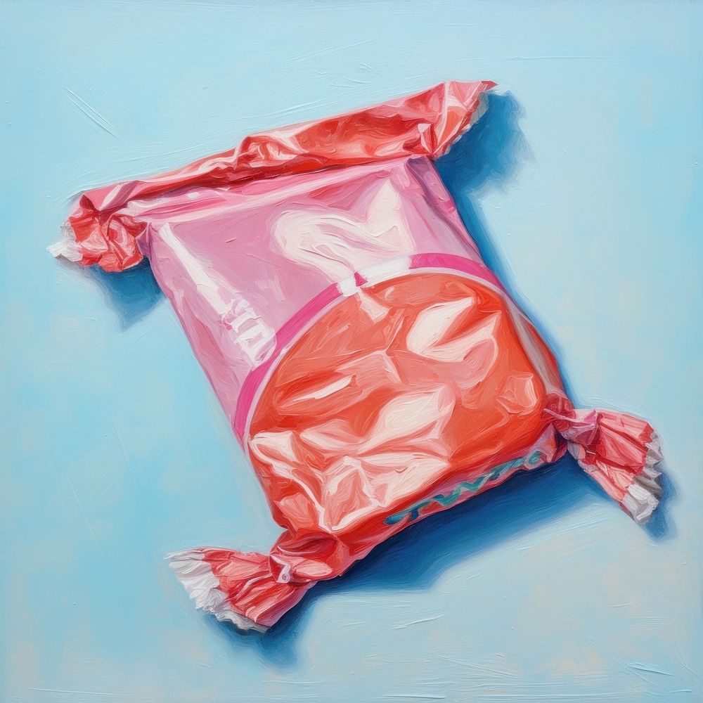 Close up on pale candy with wrapper painting plastic clothing.