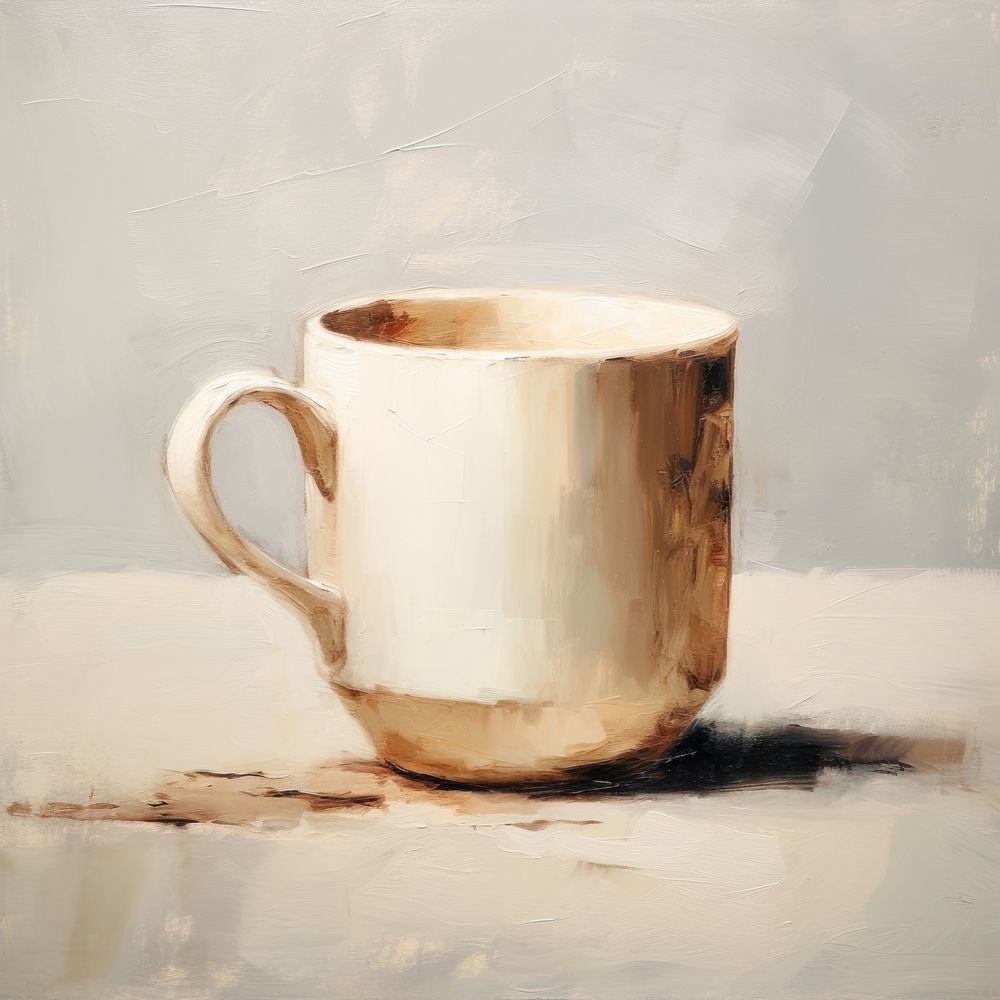 Close up on pale coffee mug painting saucer drink.