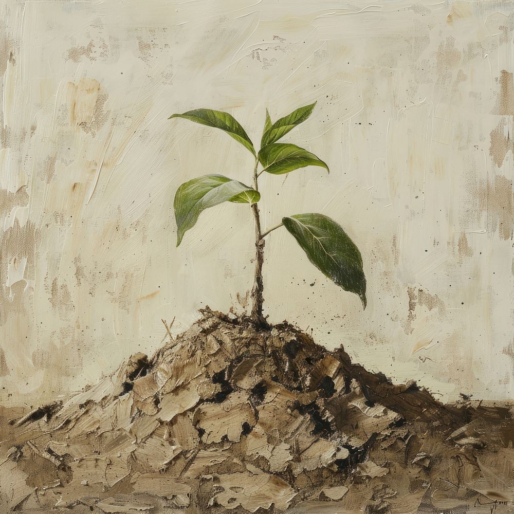 Close up on pale soil with growing plant painting leaf tree.