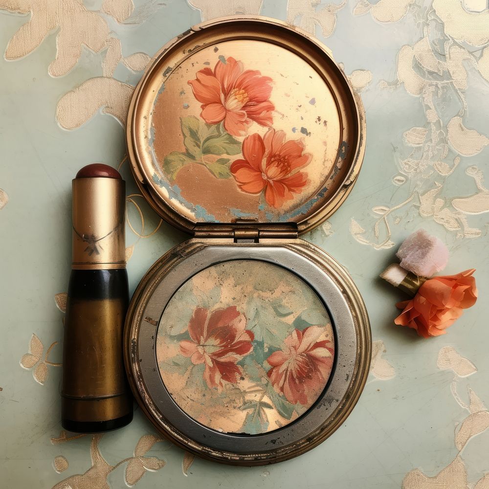 Vintage powder compact with mirror cosmetics accessories container.