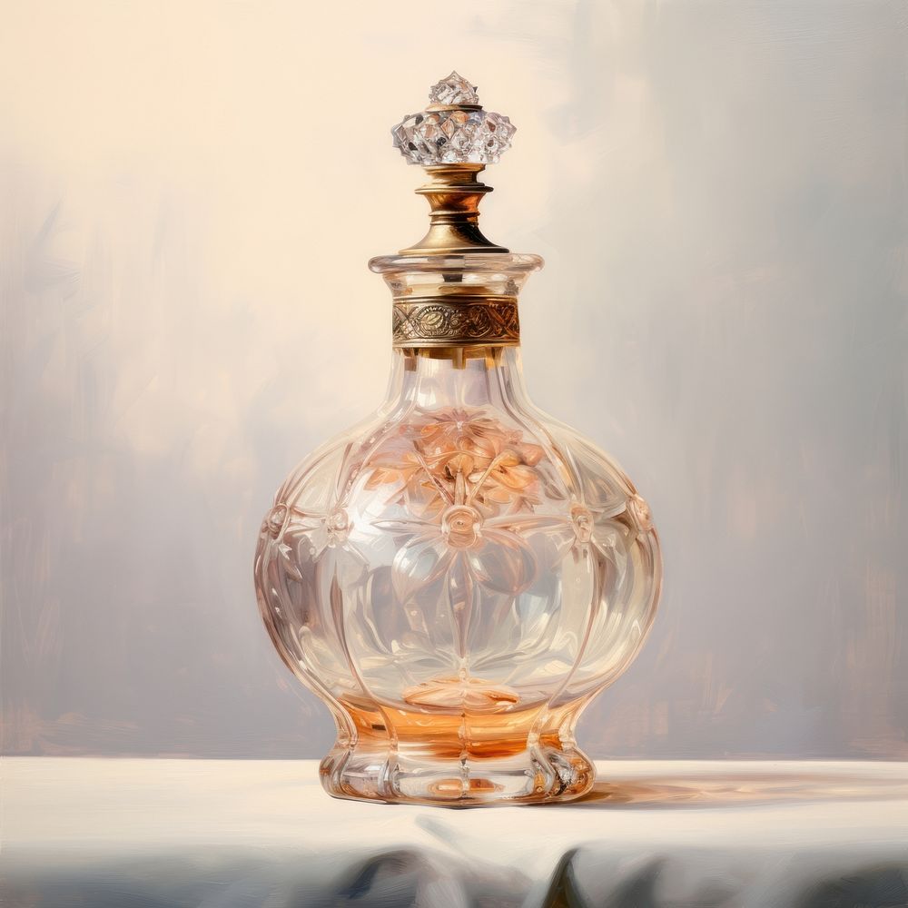 Close up on pale perfume bottle drinkware container cosmetics.