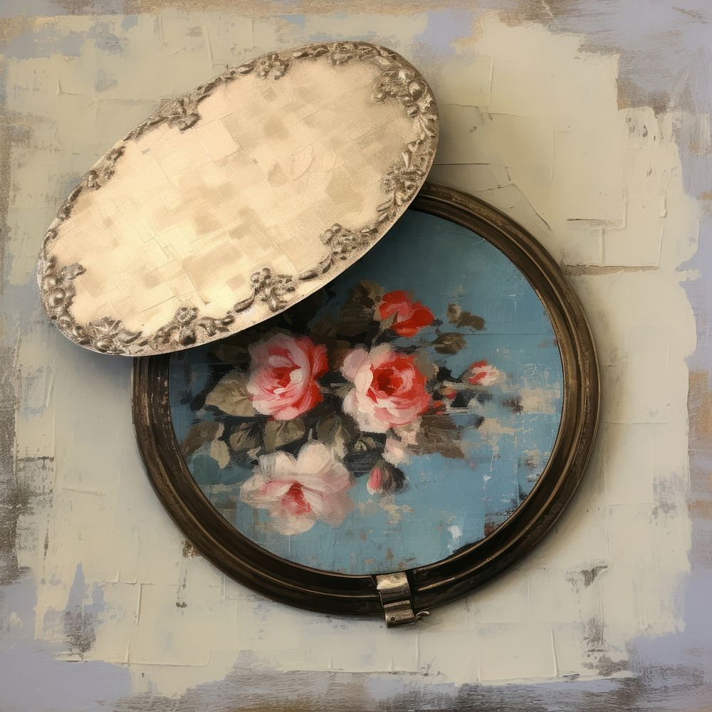 Vintage powder compact with mirror painting art accessories.