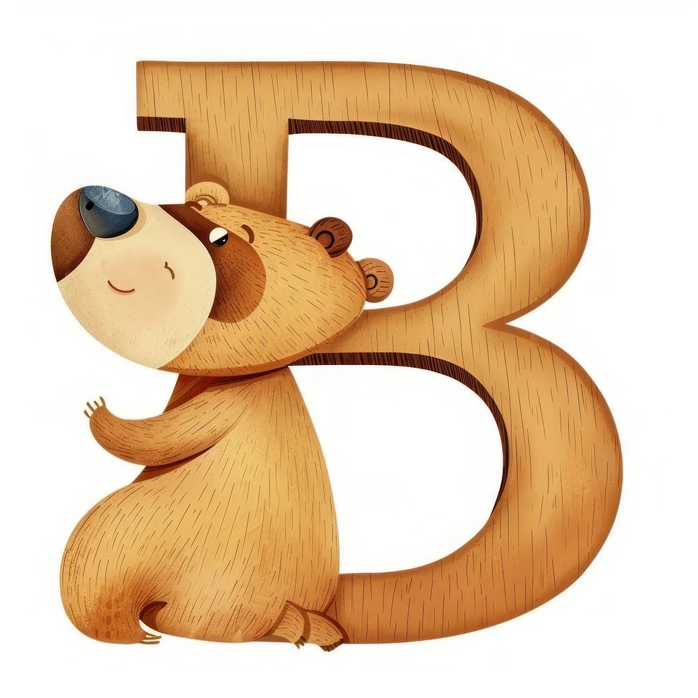 Bear letter b alphabet wood white background.