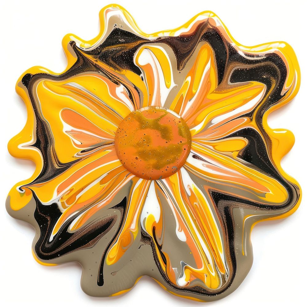 Acrylic pouring paint sunflower shape art white background.