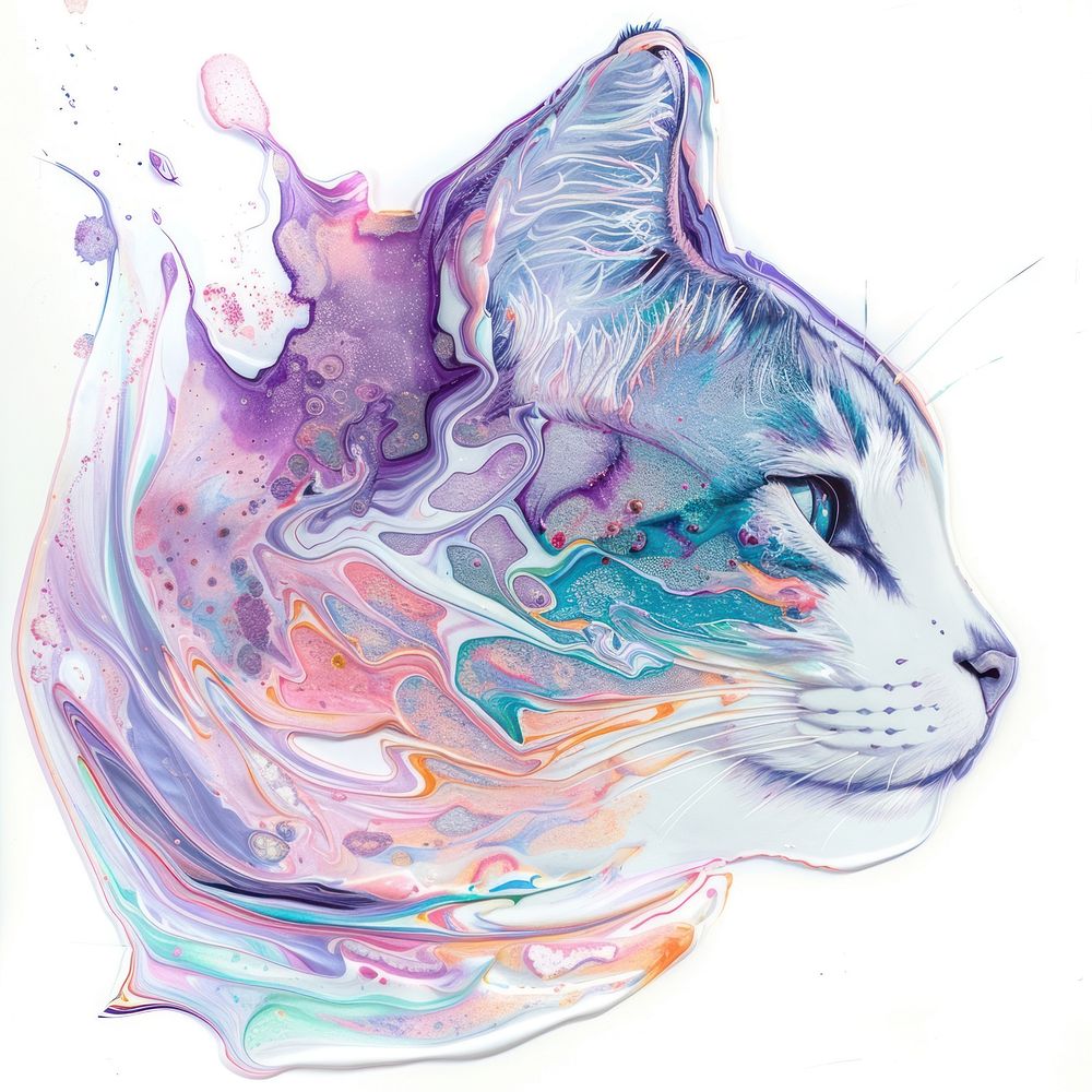 Acrylic pouring cat painting drawing sketch.
