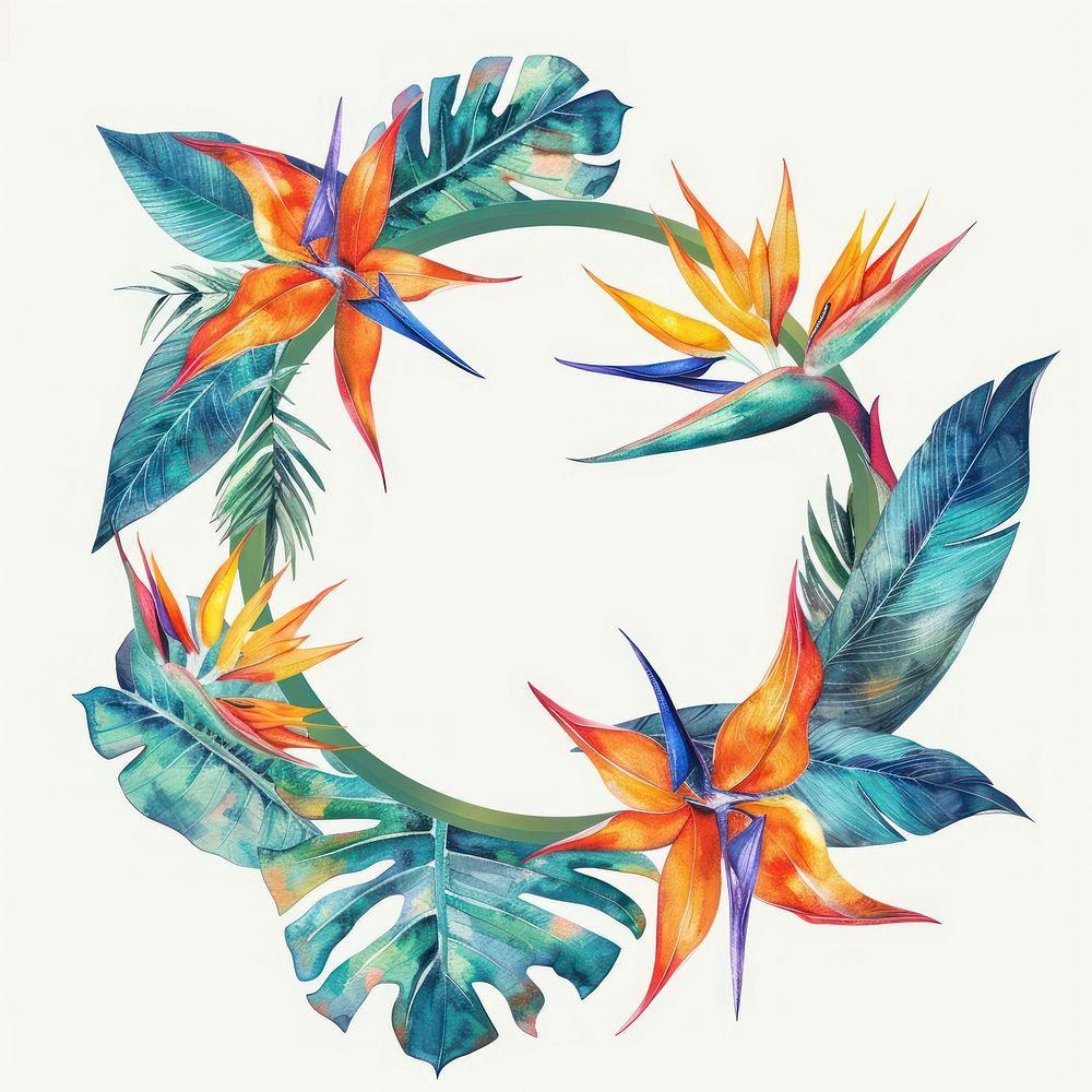 Bird of paradise border watercolor pattern circle wreath.