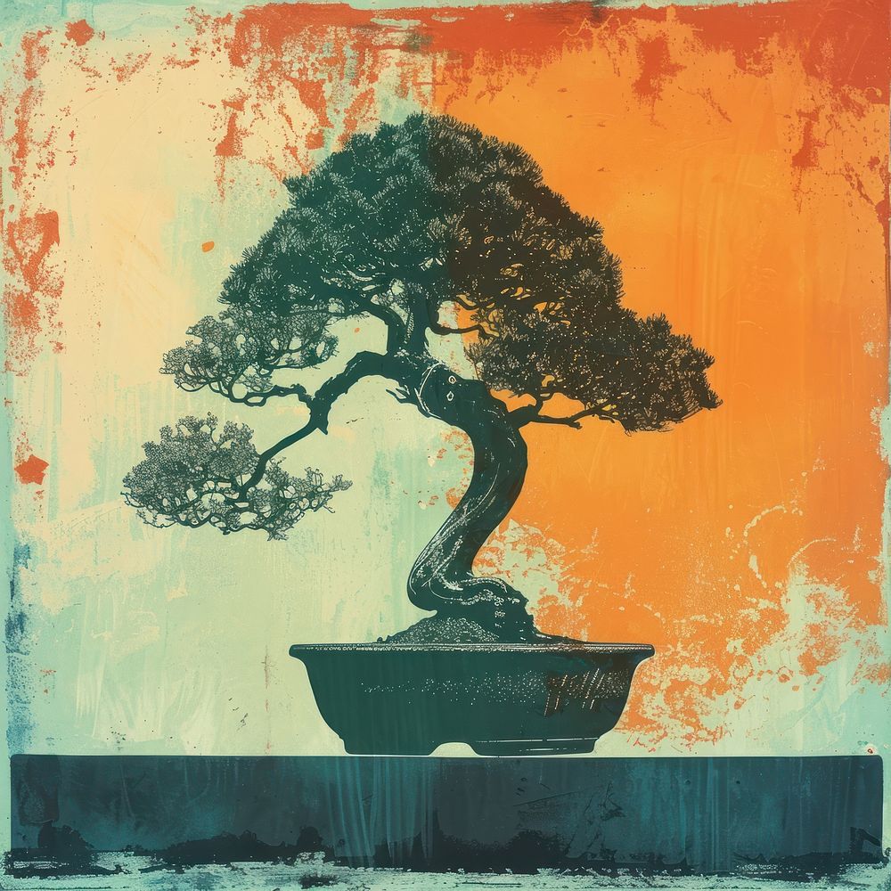 Silkscreen of a colorful bonsai art painting plant.