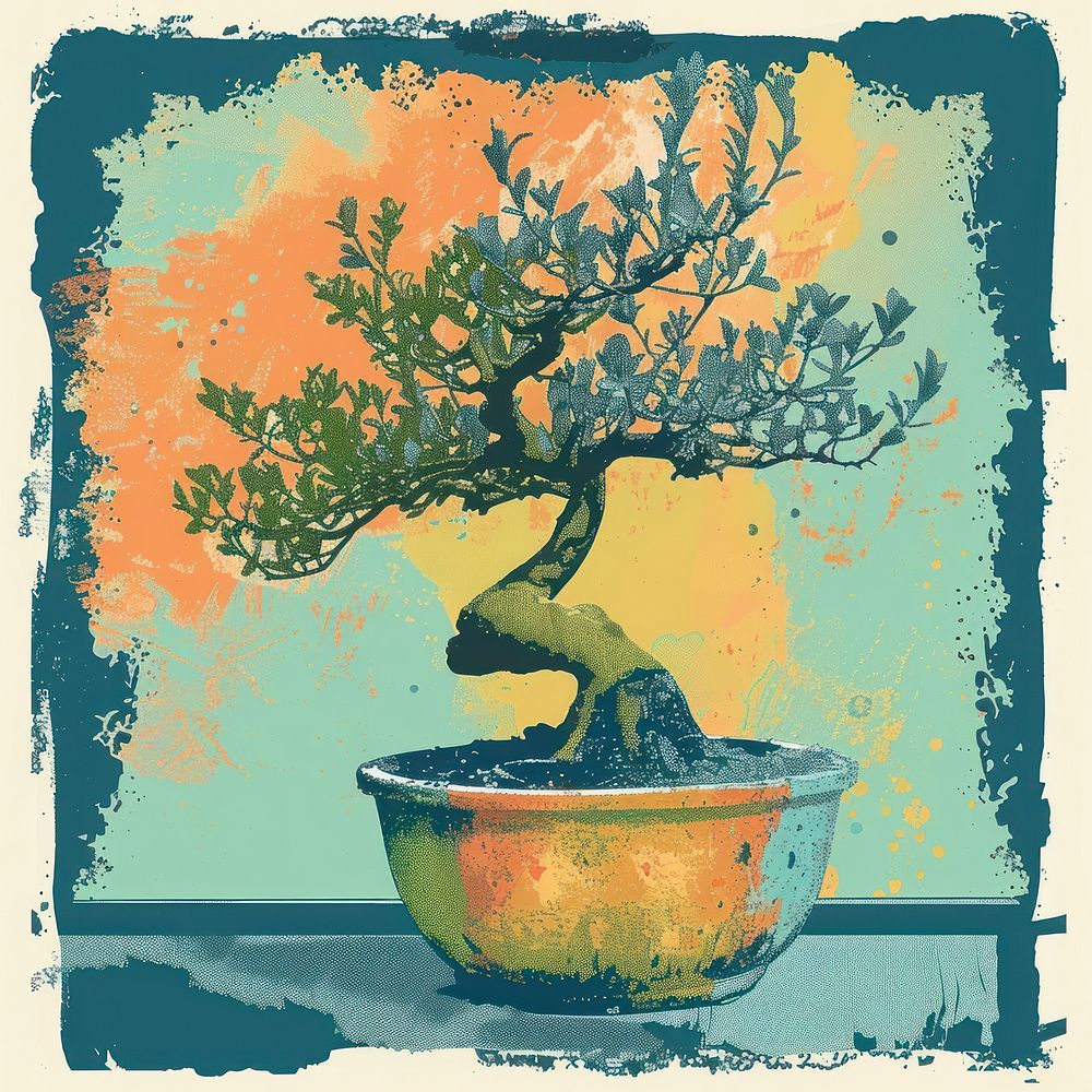 Silkscreen of a colorful bonsai art painting plant.