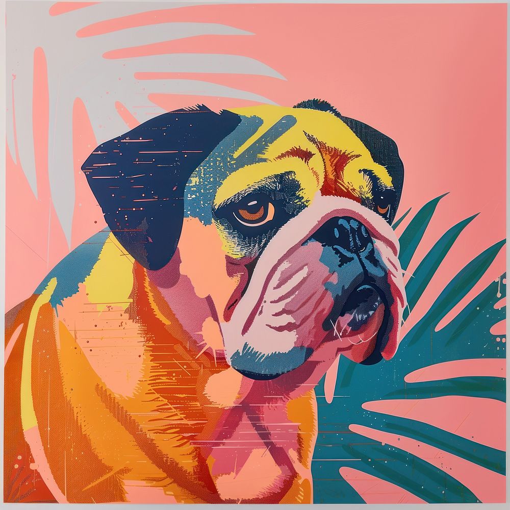 Silkscreen of a colorful bulldog art painting animal.