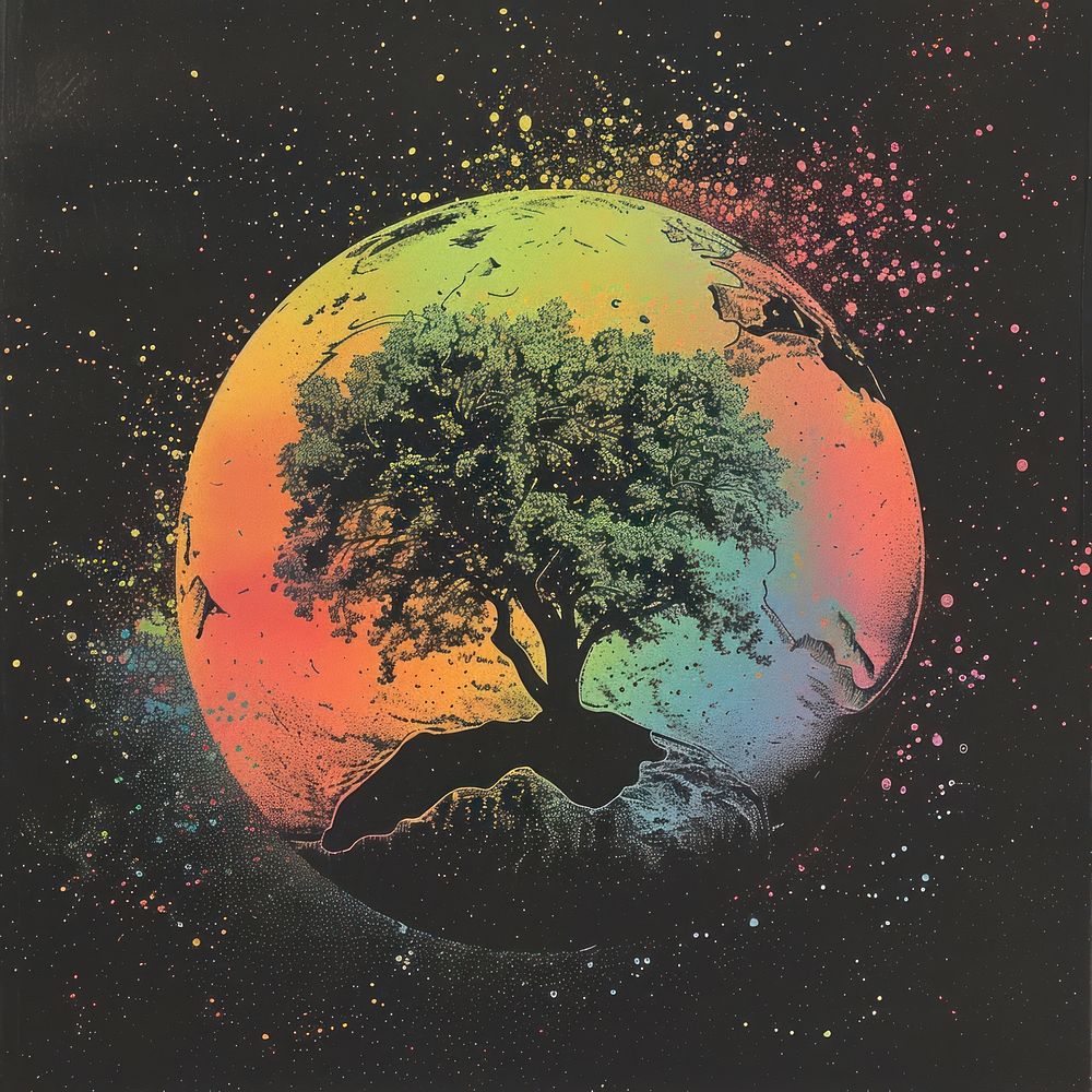 Silkscreen of a colorful globle with tree growing nature planet plant.