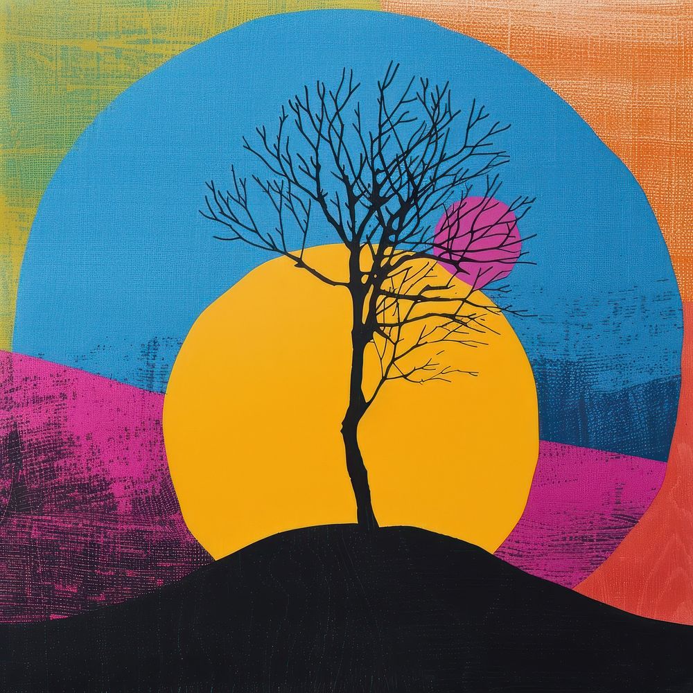 Silkscreen of a colorful globle with tree growing art painting nature.