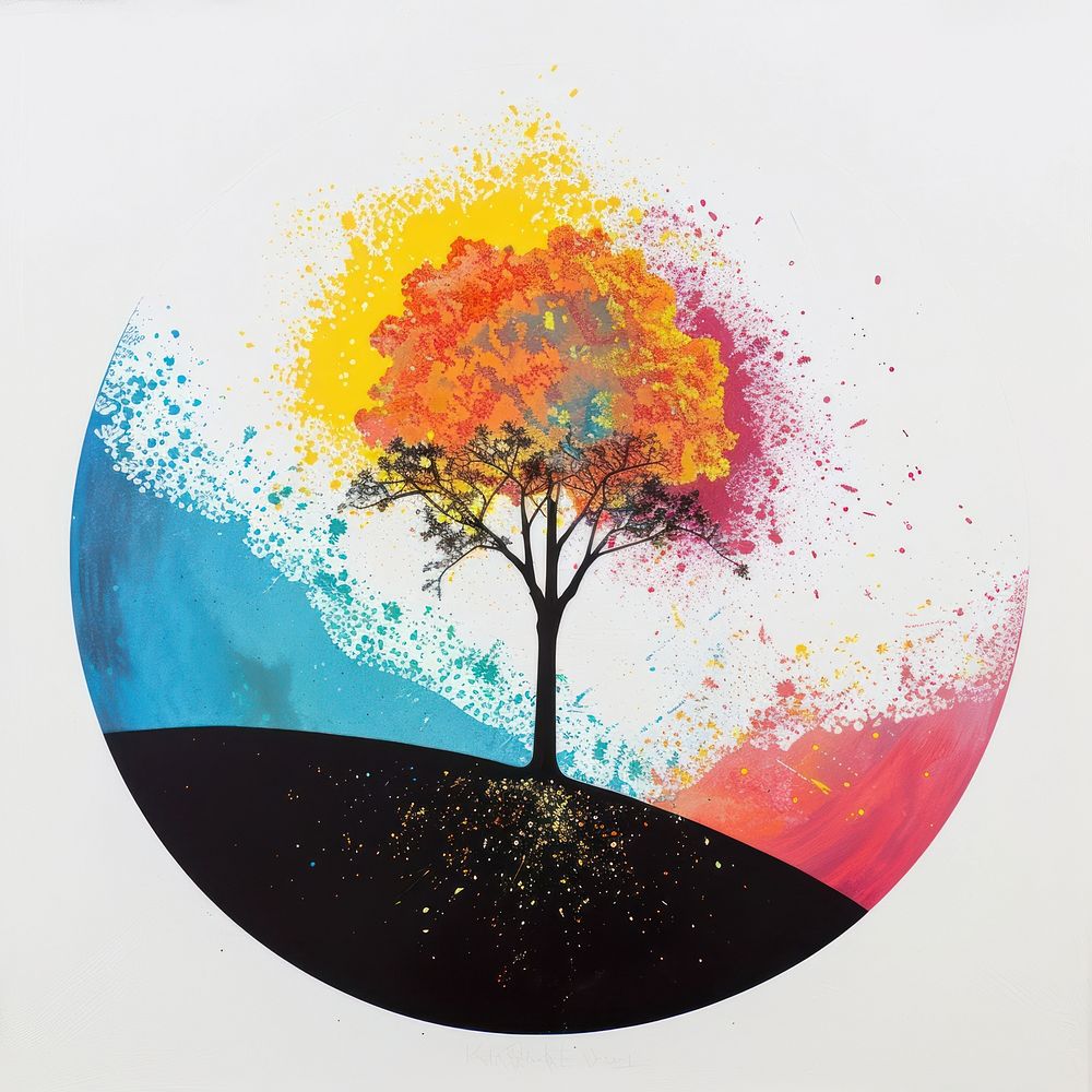 Silkscreen of a colorful globle with tree growing nature art painting.