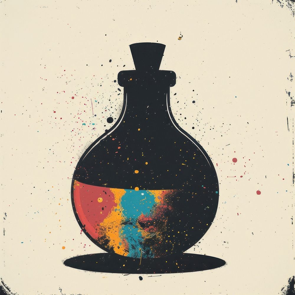 Silkscreen of a colorful potion art painting bottle.