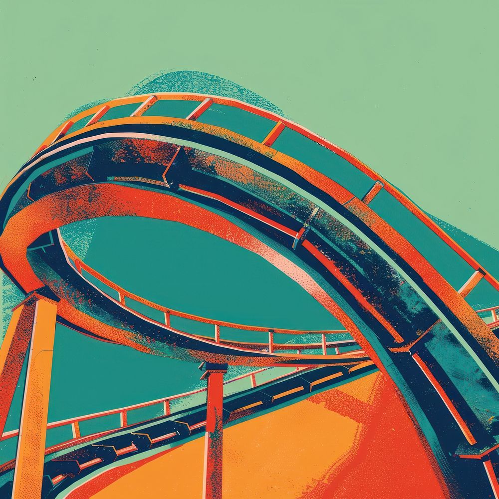 Silkscreen of a colorful roller coaster blue architecture orange color.
