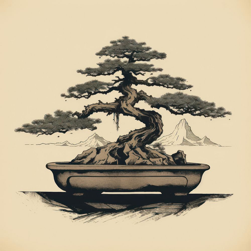 Silkscreen of a bonsai drawing nature sketch.