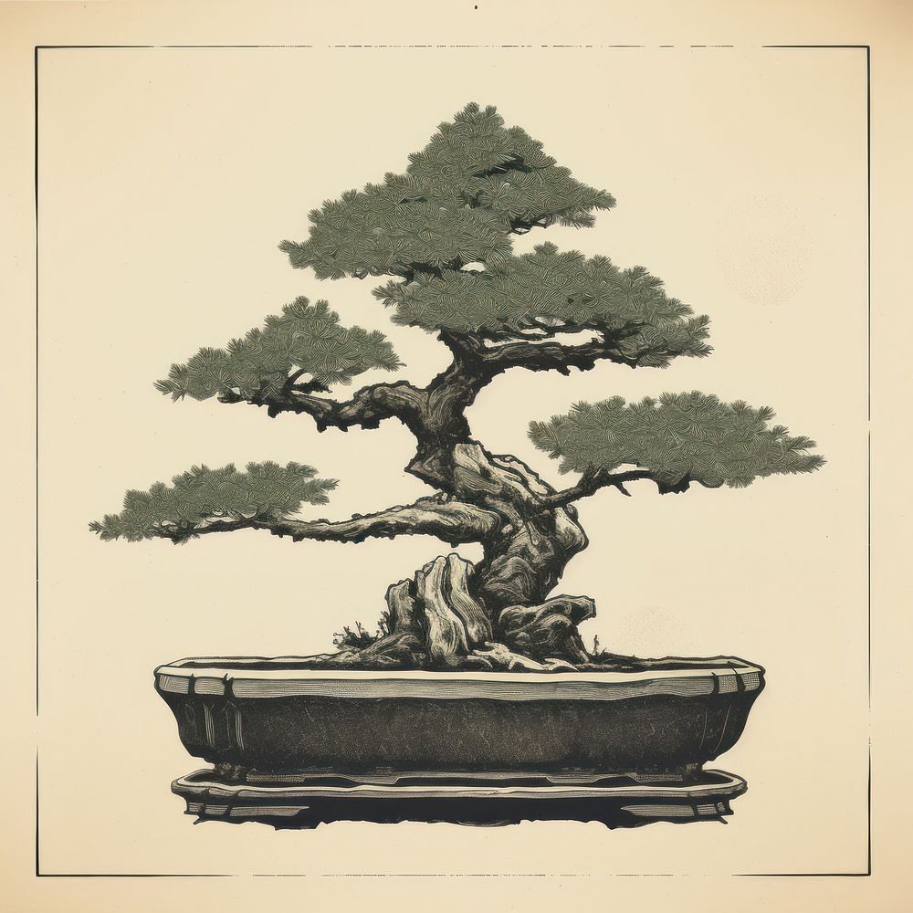Silkscreen of a bonsai nature plant tree.