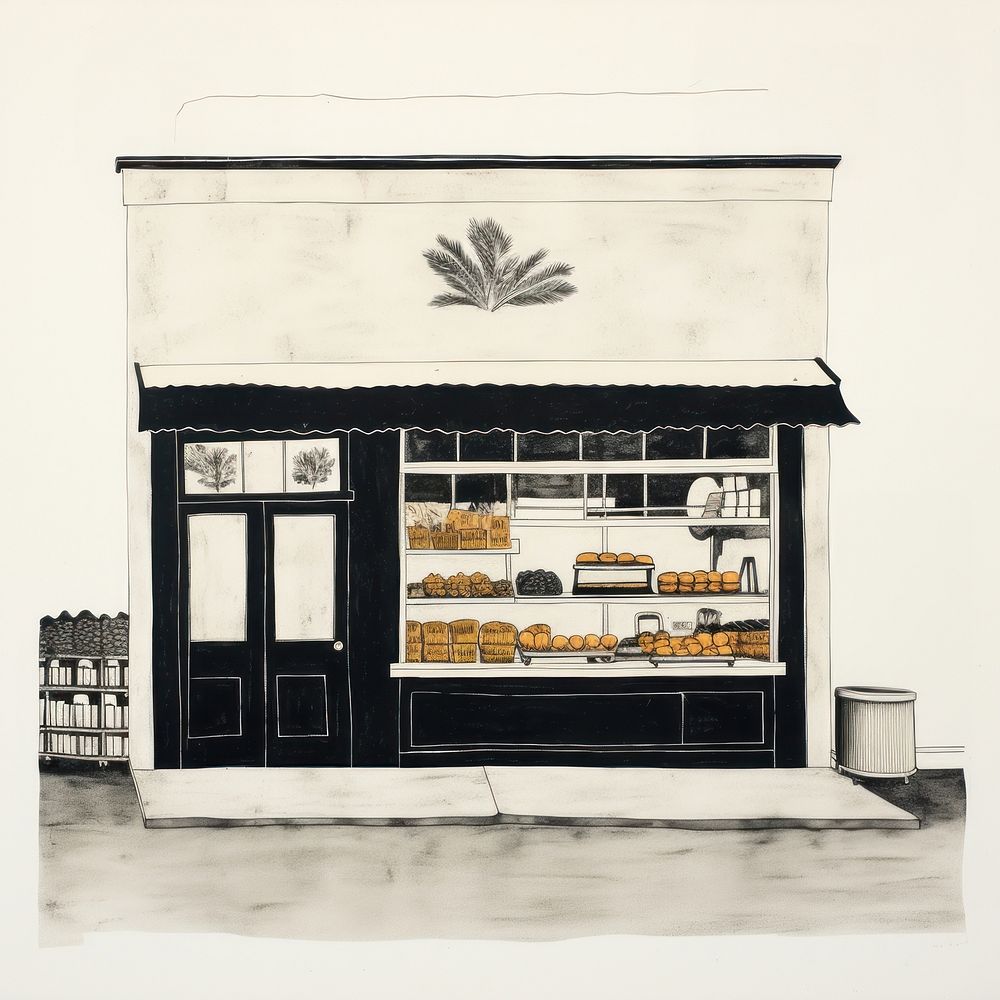 Silkscreen of a bakery architecture building drawing.