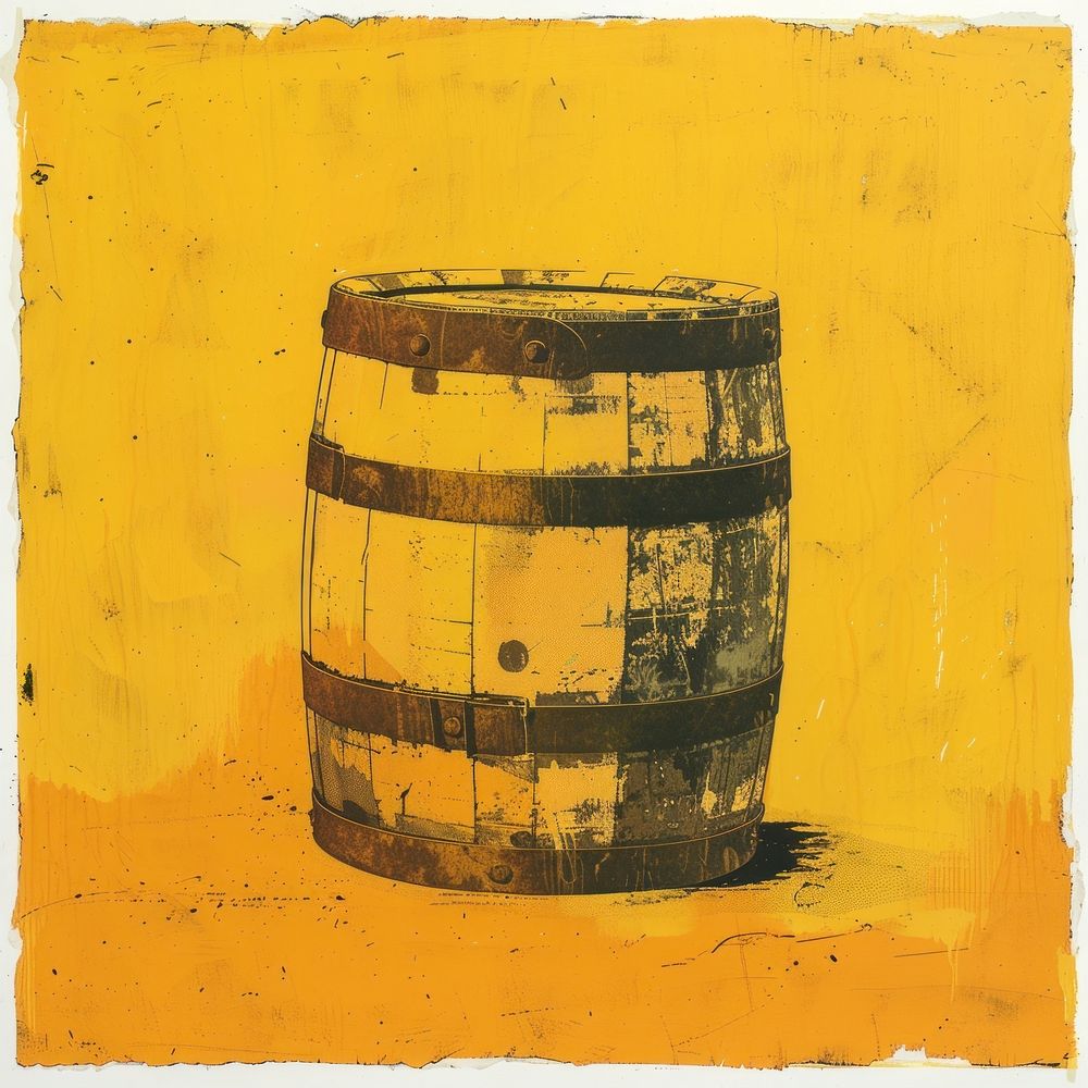 Silkscreen of a barrel textured yellow refreshment.
