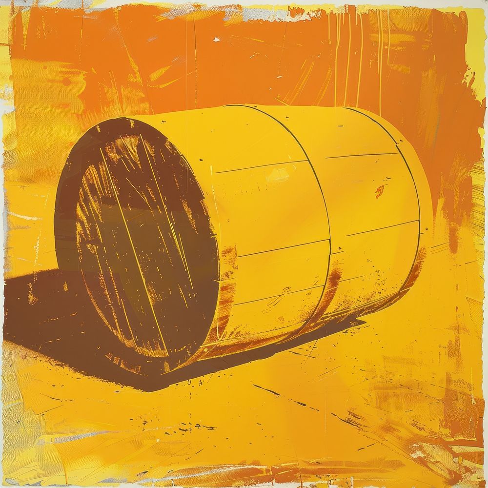 Silkscreen of a barrel art yellow transportation.