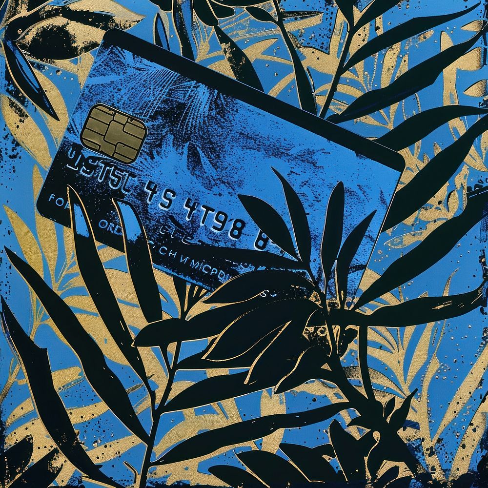 Silkscreen of a blue credit card backgrounds text art.