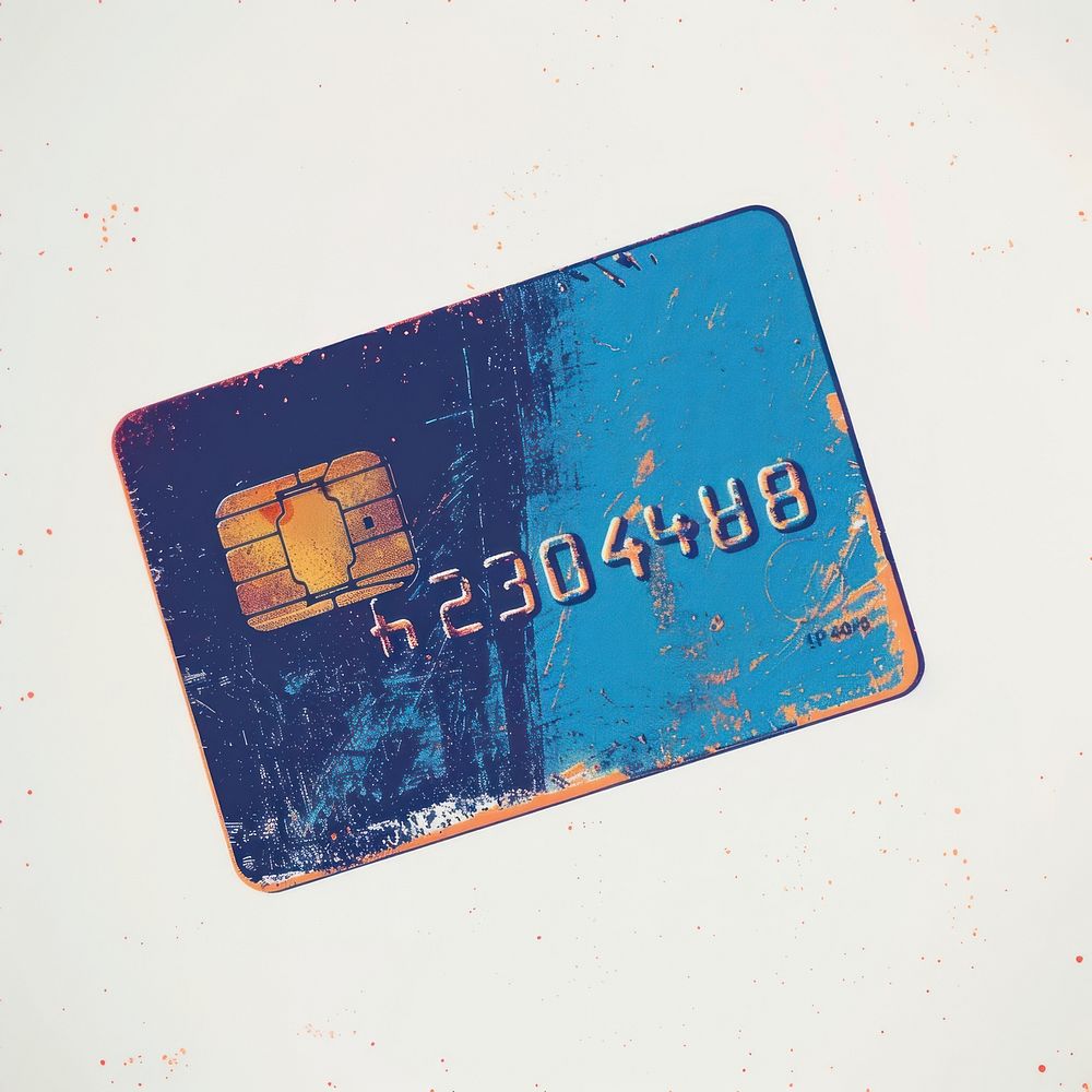 Silkscreen of a blue credit card text technology number.