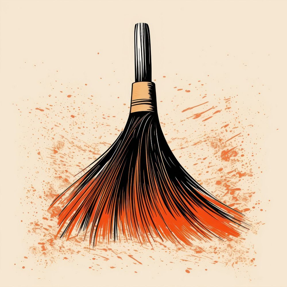 Silkscreen of a broom cleaning sweeping weaponry.