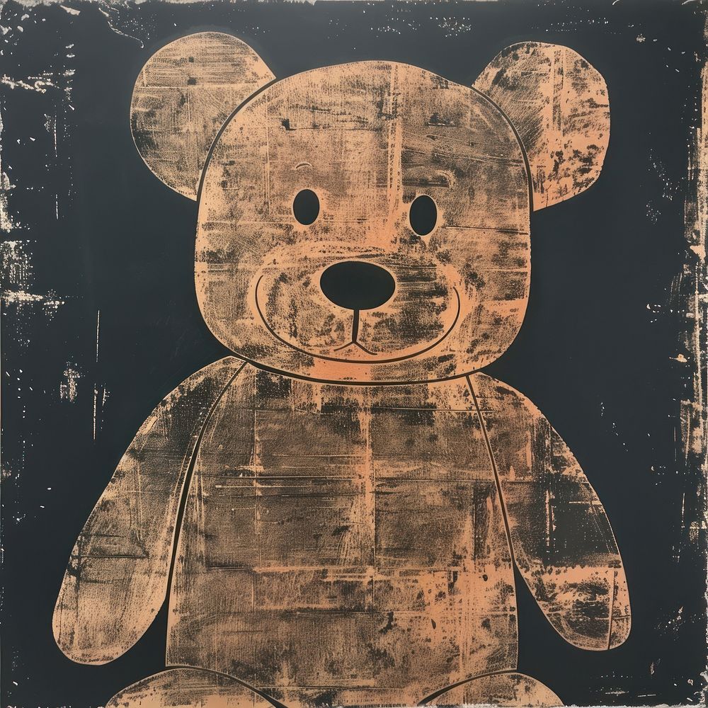 Silkscreen of a brown teddy art painting black.
