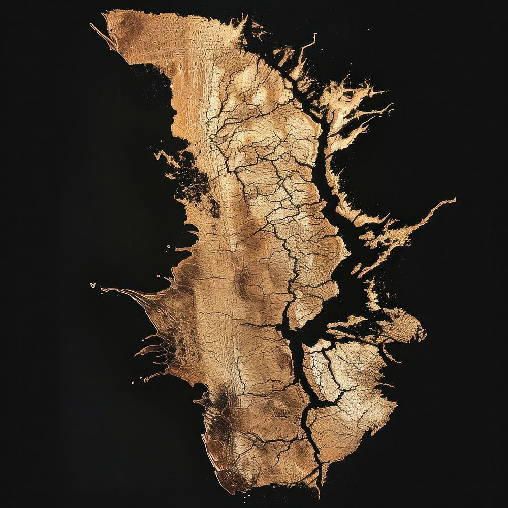Silkscreen of a gold jewellery textured nature map.